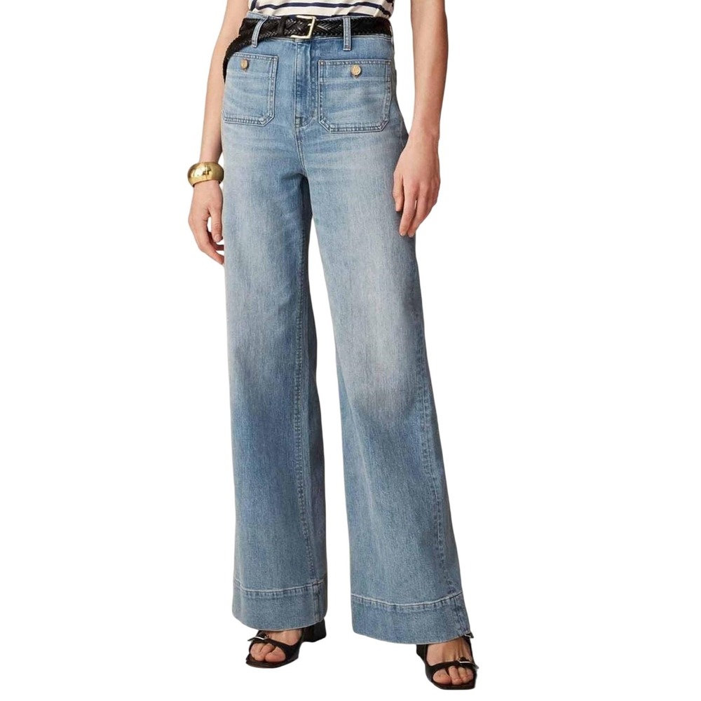 Zadoreck Light Blue Tummy Control Sailor Wide Leg Denim Pants Women's 16